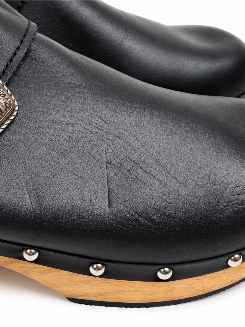 Maje Black Leather Platform Wood Clogs Studded Buckle NWOB 40 US 9.5 - Picture 4 of 11